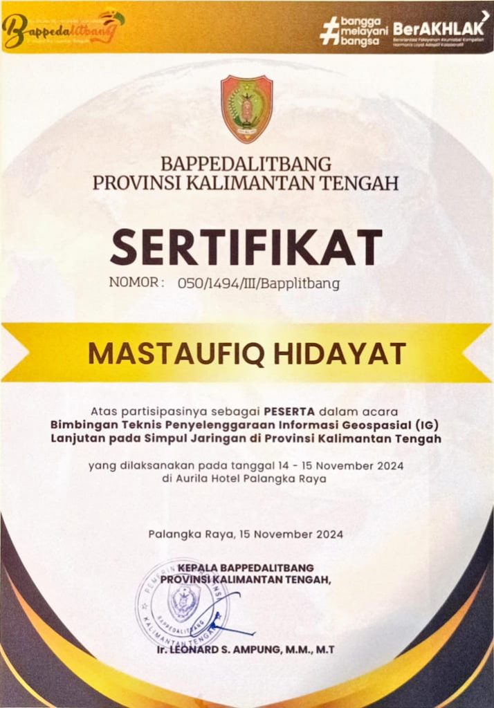 Bappedalitbang Sertifikat Bimtek Penyelenggaraan Informasi Geospasial